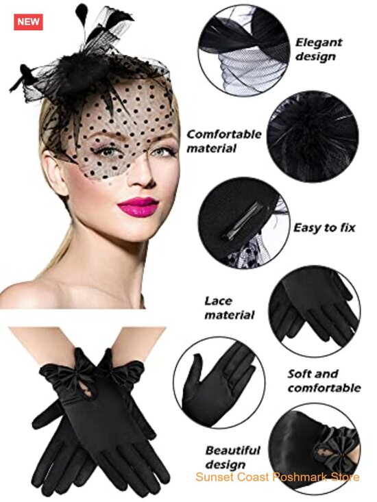 Fascinator Hat with Veil and Lace Gloves Pillbox Cocktail Tea Party Headpiece main image 6